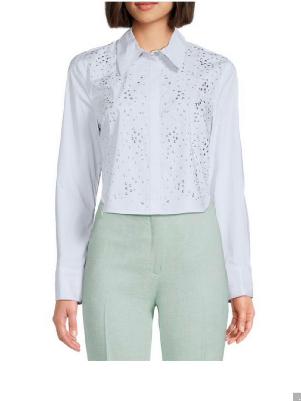 DKNY White Long-Sleeve Cropped Button-Down with Stud Detail